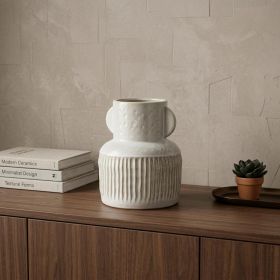 8" Whitewash Handled Textured Ceramic Vase