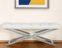 47" White and Silver Upholstered Faux Leather Dining Bench