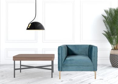 33" Teal Woven Velvet And Gold Arm Chair