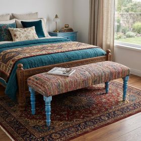 47" Rainbow Stripe Blue Leg Upholstered Bench