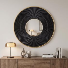 32" Black and Gold Round Manufactured Wood and Metal Framed Accent Mirror