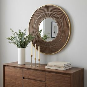 32" Brown and Gold Round Manufactured Wood and Metal Framed Accent Mirror
