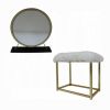 19" Faux Fur, Mirror, Black & Brass Finish Round Makeup Shaving Tabletop Mirror