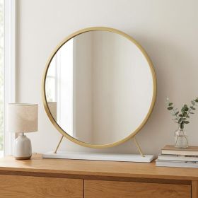 19" Faux Fur, Mirror, White & Brass Finish Round Makeup Shaving Tabletop Mirror