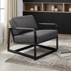 28" Gray Black Top Grain Leather And Steel Solid Color Arm Chair