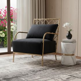 25" Black Velvet And Gold Solid Color Arm Chair