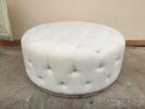 42" Ivory Velvet And Brown Tufted Round Ottoman