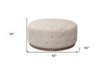 42" Ivory Velvet And Brown Tufted Round Ottoman