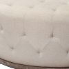 42" Ivory Velvet And Brown Tufted Round Ottoman