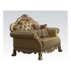 45" Ivory Faux Leather And Gold Patina Ornate Arm Chair