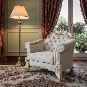 43" Two Tone Ivory Fabric And Antique Pearl Striped Arm Chair