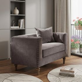 41" Gray And Brown Velvet Tufted Arm Chair And Toss Pillow