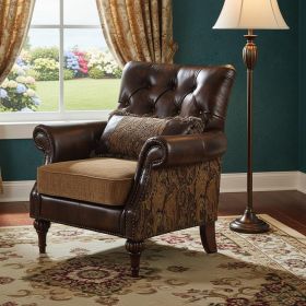 38" Brown And Black Faux Leather Floral Tufted Arm Chair