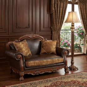 46" Brown And Cherry Blossom Pink Faux Leather Floral Tufted Arm Chair