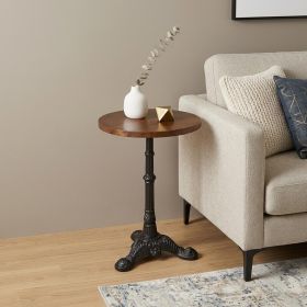 28" Black And Wood Brown Solid Wood And Iron Round End Table
