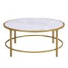 36" White And Gold Faux Marble And Metal Round Coffee Table