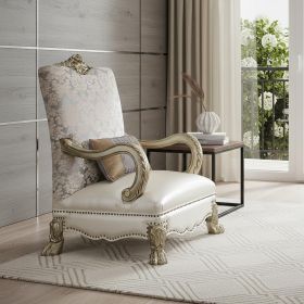 34" Pearl and Gold Faux Leather Damask Arm Chair