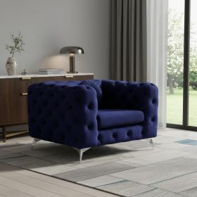 41" Blue Fabric And Black Tufted Arm Chair