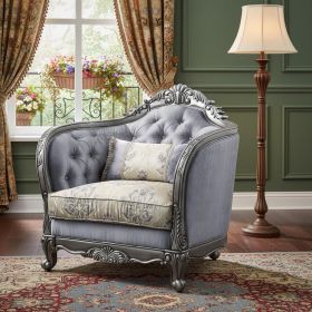 43" Light Gray Fabric And Platinum Floral Tufted Arm Chair