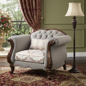 48" Beige Fabric And Cherry Floral Arm Chair