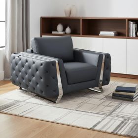 50" Dark Gray and Silver Faux Leather Tufted Arm Chair