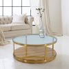43" Clear And Natural Glass And Metal Round Coffee Table With Shelf