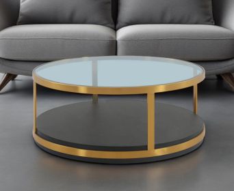 43" Clear And Black Solid Wood Round Coffee Table With Shelf