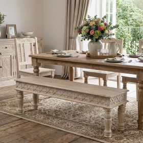 58" White Distressed and Carved Solid Wood Dining bench