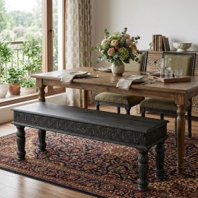 58" Black Distressed and Carved Solid Wood Dining Bench