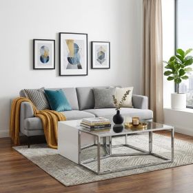 Set of Three 37" Clear And Silver Glass And Stainless Steel Mirrored Bunching Coffee Tables