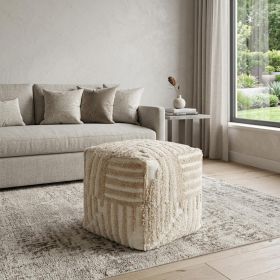 18" Beige Cotton Cube Striped Pouf Ottoman