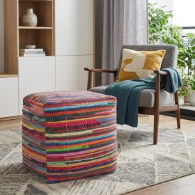 18" Red Cotton Cube Striped Pouf Ottoman