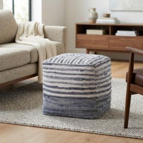 18" Blue Cotton Cube Striped Pouf Ottoman