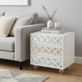 24" Clear And White Wood Mirrored End Table With Three Drawers