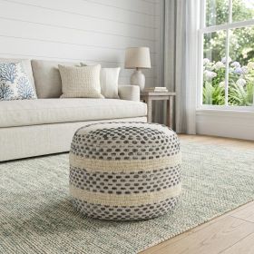 18" Ivory and Blue Cotton Blend Round Striped Pouf Ottoman