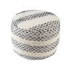 18" Ivory and Blue Cotton Blend Round Striped Pouf Ottoman