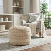 18" Ivory and Brown Cotton Blend Round Striped Pouf Ottoman