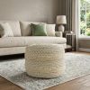 18" Ivory and Green Cotton Blend Round Striped Pouf Ottoman