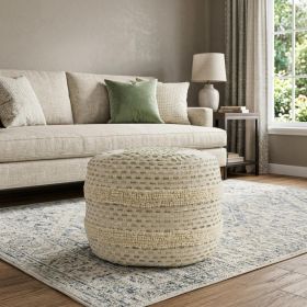 18" Ivory and Green Cotton Blend Round Striped Pouf Ottoman