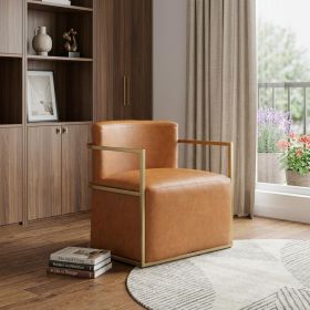 27" Brown And Gold Faux Leather Arm Chair