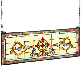 Stained Glass Window Panel, 32" x 11" Tiffany Style Hanging Transom Window Panel with Chain, Large Horizontal Rectangle Stain Glass