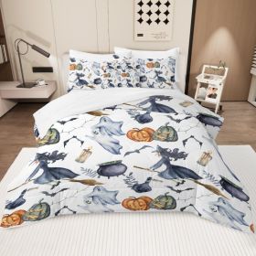 8 Pieces Halloween Comforter Set, Witch Pattern Bed In A Bag Bedding With Comforter Sheet Sham - 1 Comforter, 2 Pillow Shams, 1 Flat Sheet, 1 Fit (Option: King-White)