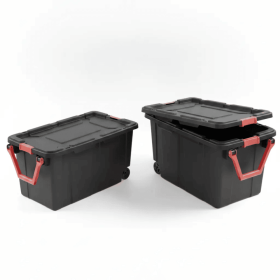 Large Wheeled Industrial Storage Bin, 40 Gallon Rugged Plastic Storage Tote with Latch Lid and Pull Handle, 2 Pack (Color: Black, pack size: 2 Pack)