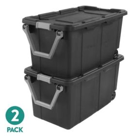 Large Wheeled Industrial Storage Bin, 40 Gallon Rugged Plastic Storage Tote with Latch Lid and Pull Handle, 2 Pack (Color: Gray, pack size: 2 Pack)