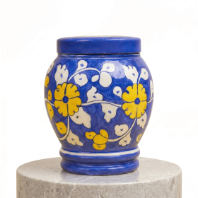 Floral pottery urns for ashes (Color: Blue with White and Yellow Florals Pottery Urns, size: 3.0)
