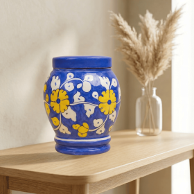 Floral pottery urns for ashes (Color: Blue with White and Yellow Florals Pottery Urns, size: 2.0)