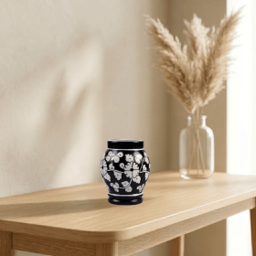Floral pottery urns for ashes (Color: Black with White Florals Pottery Urns, size: MINI)