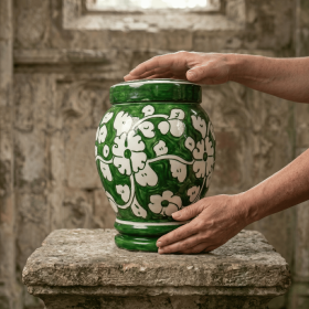 Floral pottery urns for ashes (Color: Green with White Florals Pottery Urns, size: 3.0)