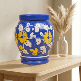 Floral pottery urns for ashes (Color: Blue with White and Yellow Florals Pottery Urns, size: 4.0)