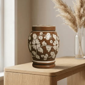 Floral pottery urns for ashes (Color: Brown with White Florals Pottery Urns, size: 1.0)